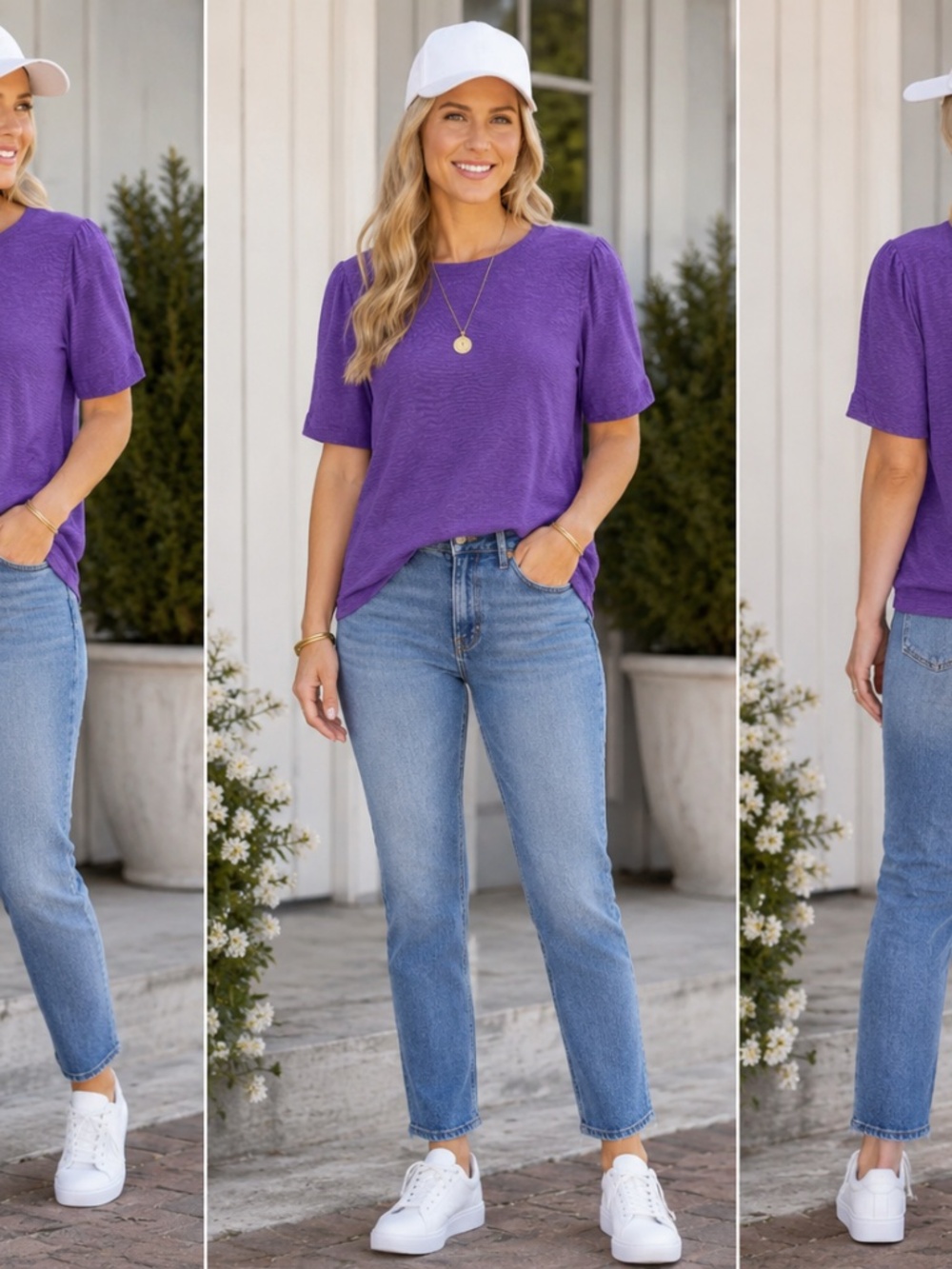 Purple Ruched Cuff Crewneck Tee